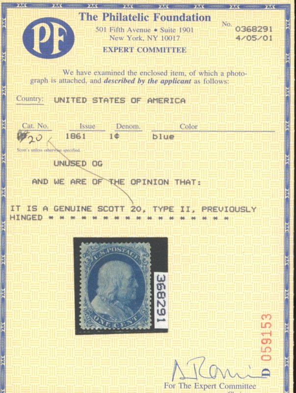 U.S. #20 MINT WITH PF CERT