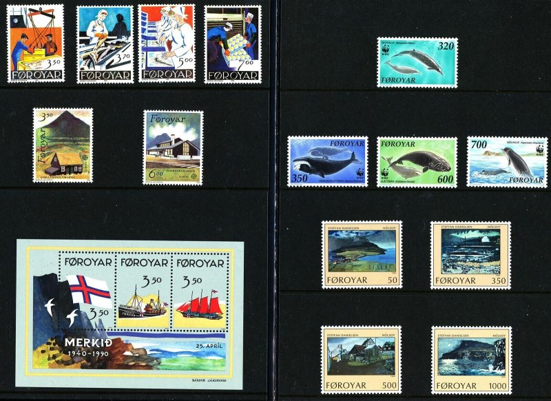 Faroe Islands 1990 cpl Year set S/S Whales Boats Art Fishing. MNH
