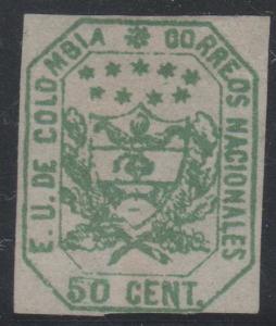 COLOMBIA 1863 Sc 29 GREEN WELL PERFORMED FORGERY HINGED MINT F,VF (CV$210) 