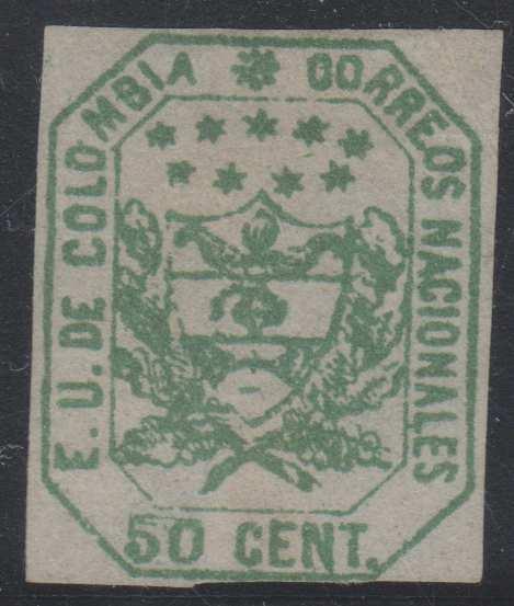 COLOMBIA 1863 Sc 29 GREEN WELL PERFORMED FORGERY HINGED MINT F,VF (CV$210) 
