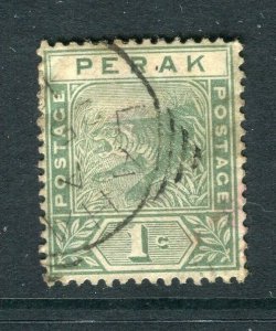 STRAITS SETTLEMENTS; PERAK 1890s classic Tiger issue used 1c. value Postmark