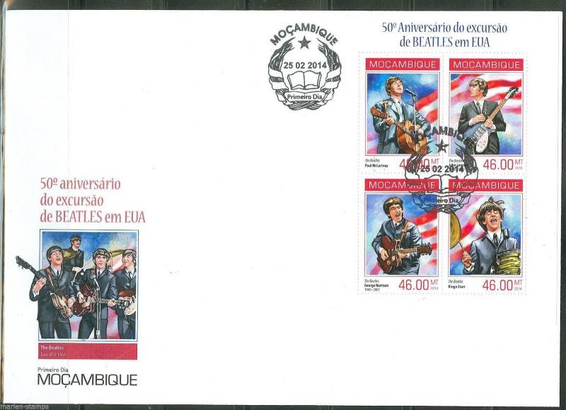 MOZAMBIQUE 50th ANNIVERSARY OF THE BEATLES IN THE USA SHEET FDC