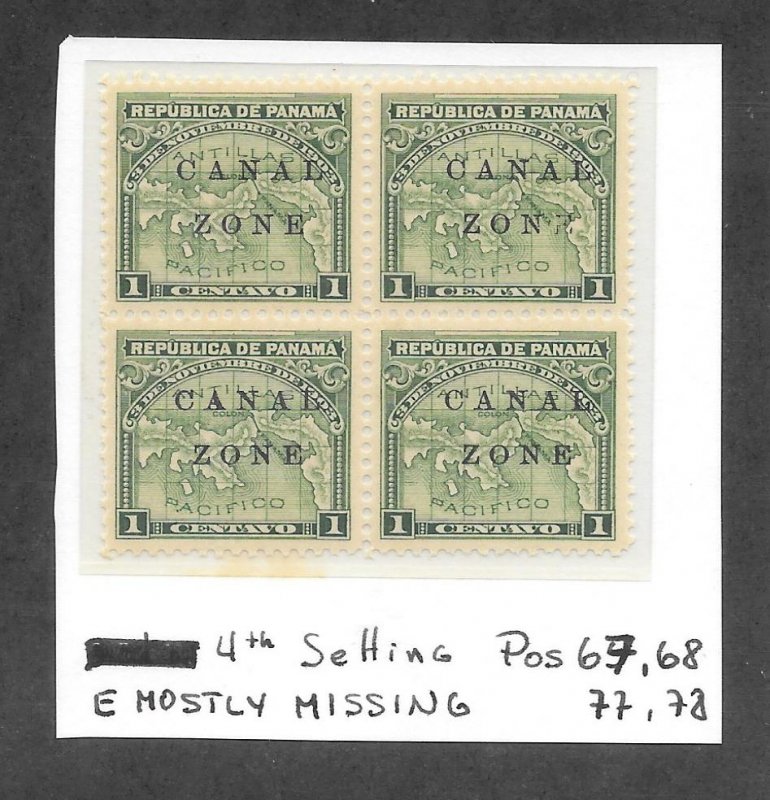 Canal Zone Scott #9 Mint NH 1c  Block of 4 Overprint Position 68 (500 Known)