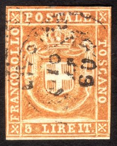 1860, Italy Tuscany 3L, Used, Sc 23, Unknown Forgery