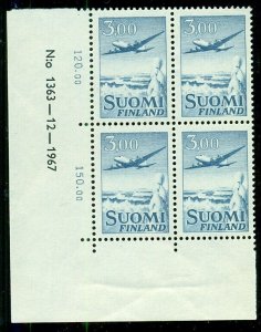 FINLAND #C9a, 3m Airmail, type I, Plate No. Block of 4, og, NH, natural bend, VF