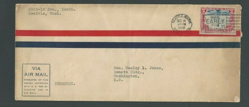 1928 Seattle Wa Airmail Striped Cover W/C11