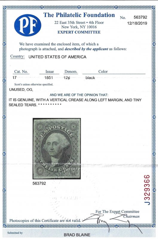 Scott #17 - $5,000.00 – XF-OG-LH - INCREDIBLY RARE MINT STAMP – 2 Certs