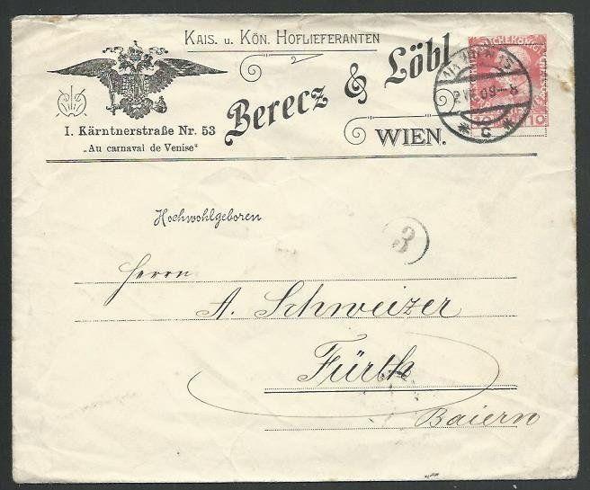 AUSTRIA 1909 10h printed to private order adverting envelope used, Vienna..59331