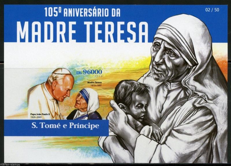 SAO TOME  2015  105th BIRTH ANNIVERSARY OF MOTHER TERESA S/S  IM WITH POPE JP II