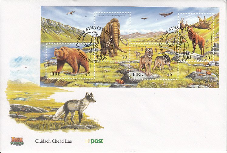 Ireland 1999 FDC Sc #1208b Sheet Extinct Irish Animals - Wolf, Brown bear, Gi...