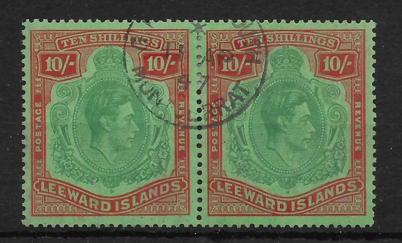 LEEWARD ISLANDS SG113 1938 10/= BLUISH-GREEN & DEEP RED ON GREEN PAIR USED