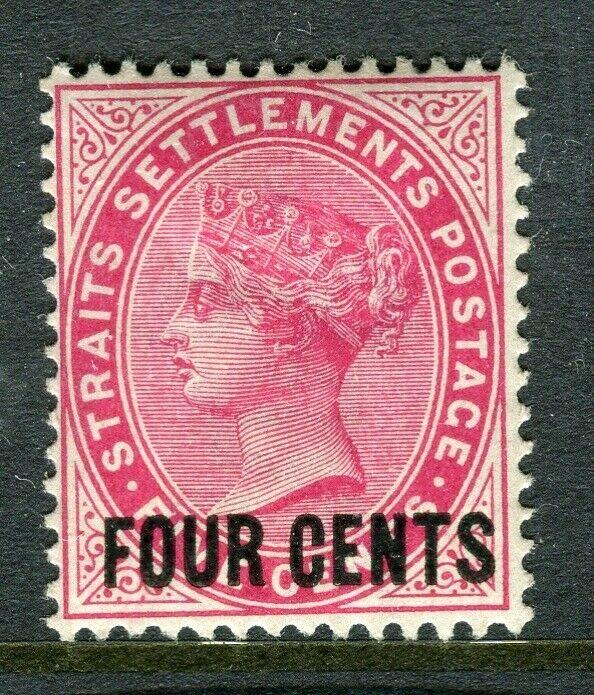 STRAITS SETTLEMENTS; 1899 early QV surcharged Mint hinged Shade of FOUR CENTS