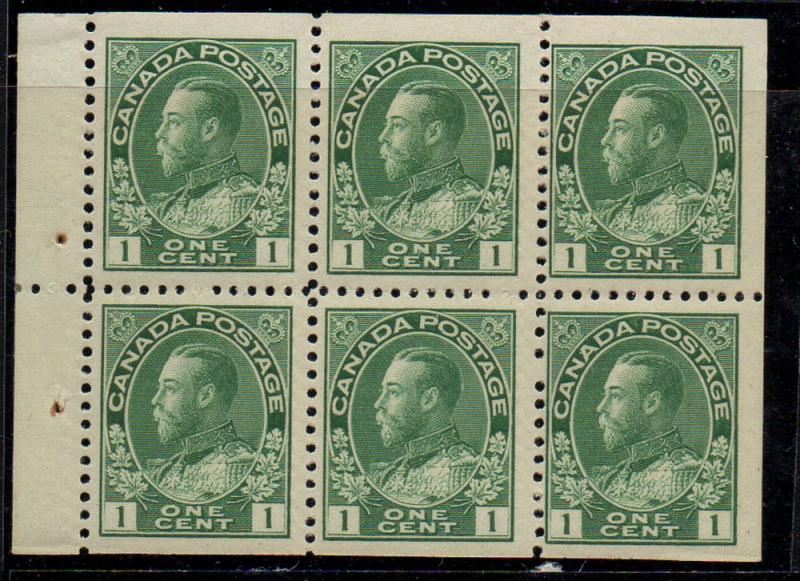 Canada Sc 104a 1911 1c green G V Admiral stamp booklet pane of 6 mint