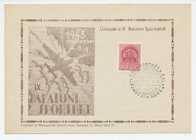 Postcard / Postmark Hungary 1943 International Sports Week at Lake Balaton