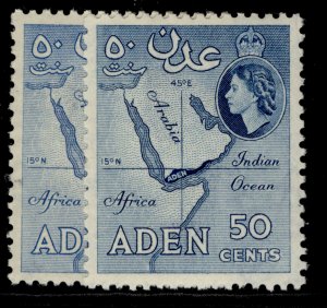 ADEN QEII SG58 + 59, 50c SHADE VARRIEITES, M MINT.