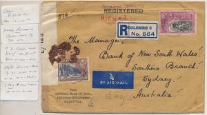 CEYLON -AUSTRALIA 1944 REG CENSOR COVER+SEAL, 3R25c RATE (SEE BELOW