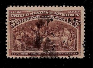 US 1893 Sc# 234 5c Columbian  Used - Centered - Crisp Color