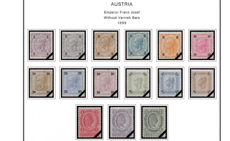 COLOR PRINTED AUSTRIA [CLASS] 1850-1937 STAMP ALBUM PAGES (53 illustrated pages)