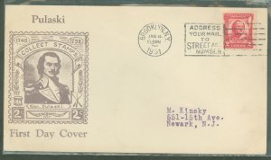 US 690 1931 2c General Pulaski Commemorative (single) on an addressed FDC with a Roessler cachet - Brookyn, NY cancel