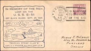 1935 US SUBMARINE AERONAUT MEMORIAM + CACHET USS S 51 LOST SUBMARINE