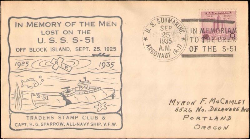 1935 US SUBMARINE AERONAUT MEMORIAM + CACHET USS S 51 LOST SUBMARINE