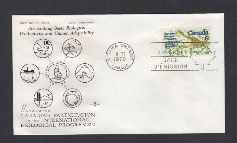 Canada #507 (1970 Biology issue)  FDC Rosecraft cachet unaddressed