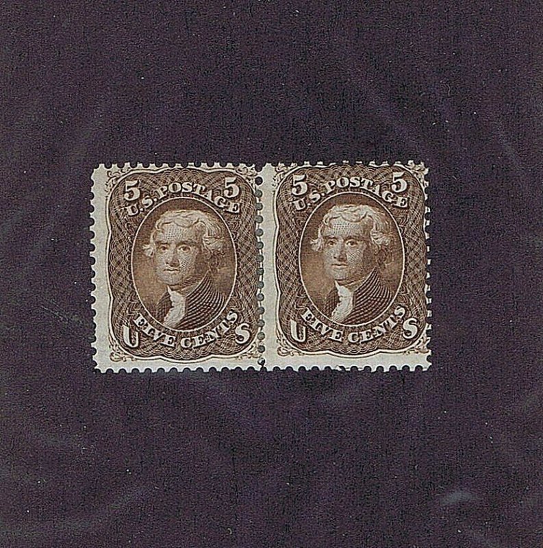 SC# 76 UNUSED PAIR ORIGINAL GUM HINGED 5C JEFFERSON 1863, 2001 PF CERT (COPY)