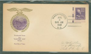 US 807EE 1939 3c Thomas Jefferson (presidential/prexy) Electric-Eye Experimental printing (single) on an addressed first day cov