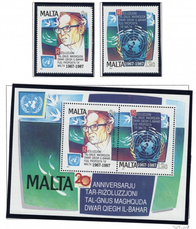 707-709a Malta, United Nations Stamp Set with Souvenir Sheet, 1987, MNHOG