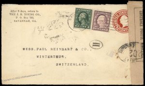 USA 1918 Savannah GA Switzerland Transatlantic Cover Censor Upfranked Post 81929