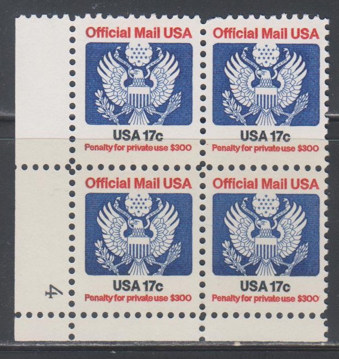 United States,  17c Official  (SC# O130) MNH PLT # BLOCK