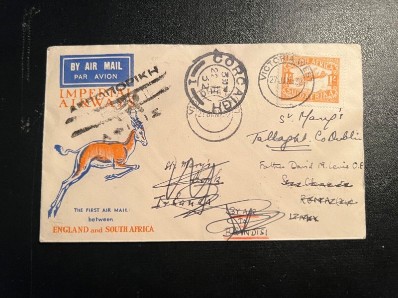 1932 South Africa FFC Airmail Crash Cover Victoria West to Cork Ireland