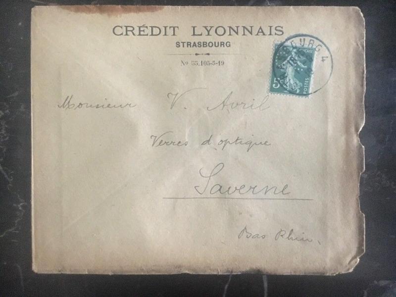 1919 Strasbourg France Commercial Cover Perfin Stamp Credit Lyonnais