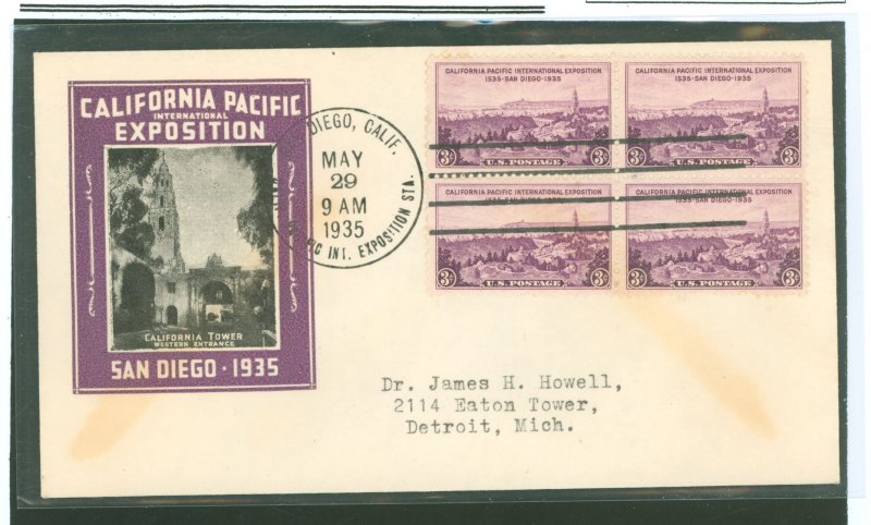 US 773 1935 3c California Pacific Internation Exposition (block of four) on an addressed (printed) first day cover with a San Di