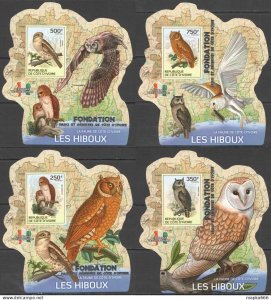 Lx287 Imperf !!! Silver 2014 Ivory Coast Owls Birds #1549-2 Uv Cardboard 4Bl Mnh