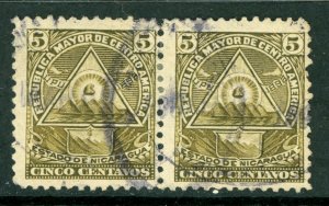 Nicaragua 1898 Seebeck Coat of Arms 5¢ Unwmk Pair VFU B655