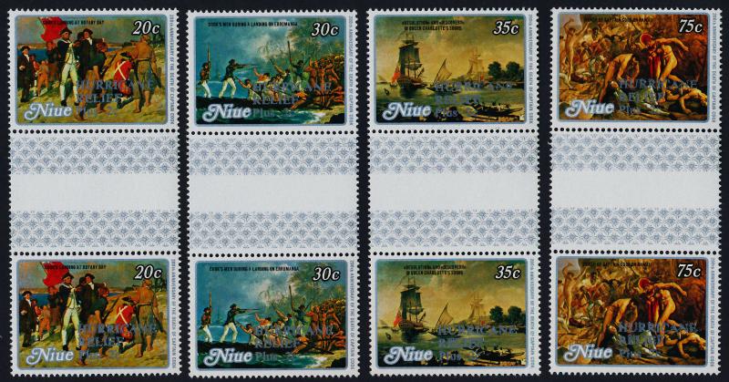 Niue B18,23,28,36 gutter pairs MNH Captain Cook, Ships, Hurricane Relief o/p