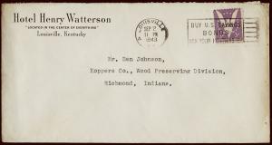 US Loiuisville Kentucky Hotel Henry Watterson cover corner card 1943