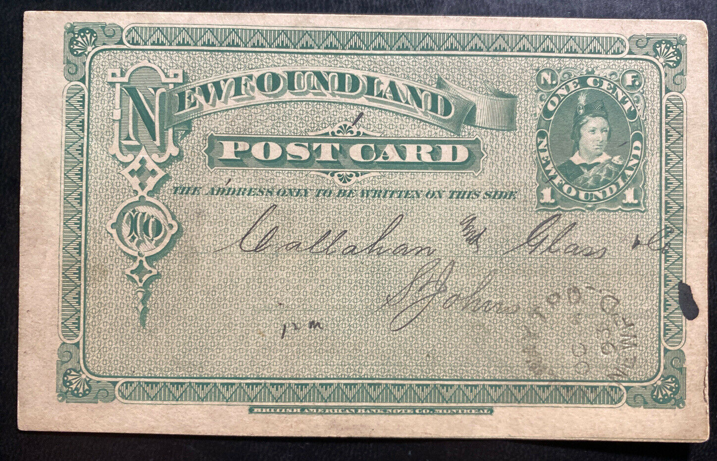 1893 Newfoundland Postal Stationery Postcard Cover To St John’s