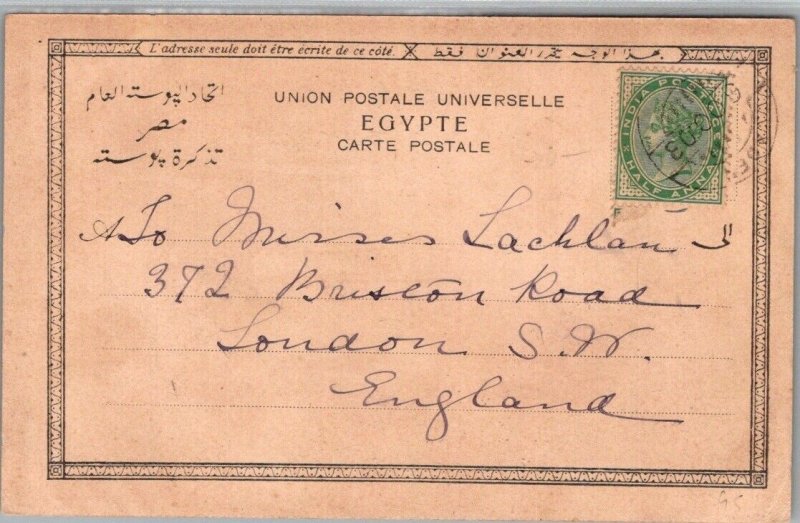 SCHALLSTAMPS EGYPT 1903 POSTAL HISTORY PICT POSTCARD ADDR ENGLAND CAN INDIA POST