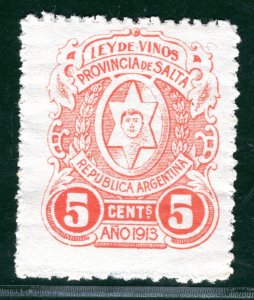 ARGENTINA *SALTA* Local Revenue Stamp 5c *LEY DE VINOS* Wine 1913 MM BLACK430