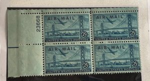 US 1946 25c Plane over Bridge  #C36 plt blk of 4 mint