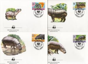 Liberia 1984 WWF Pygmy Hippopotamus Sc 1009-12 Wildlife Animal Fauna FDCs # W21