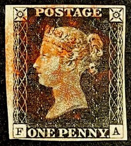 GB QV 1840 PENNY BLACK ‘FA’ PLATE 09 CLEAR TO LARGE MARGIN RED ‘MX’ HIGH C.V£+++ 