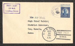 USA 637 STAMP USS CHICAGO NAVAL SHIP TO PAGO PAGO SAMOA FIRST FLIGHT COVER 1931