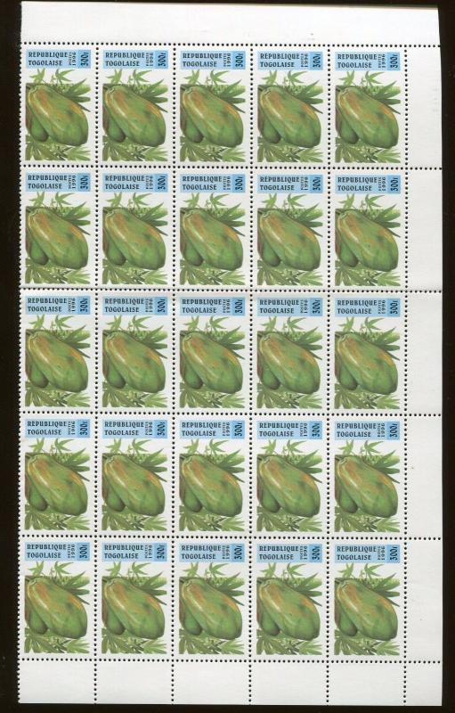 Togo Stamp Sheet - #1743 -8 / FRUIT COLLECTION Pears, Lemons, Banana ext - O35