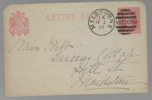 1894 Melbourne Australia postal stationery postcard cover to Maidstone