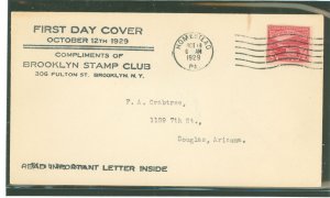 US 681 1929 3c Ohio River Canalization (single) on an addressed first day cover with a Brooklyn stamp club cachet and a Homestea