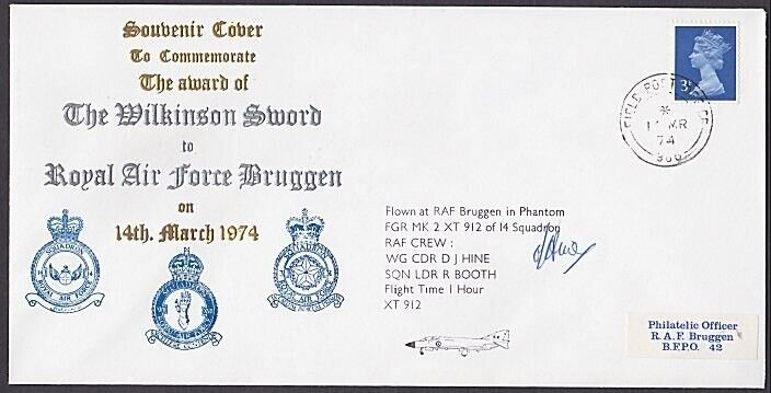 GB 1974 RAF Bruggen signed flight cover - Award of Wilkinson Sword.........a4062