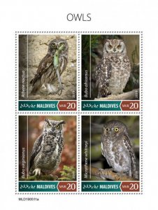 Maldives 2019 MNH Birds of Prey on Stamps Owls Little Owl Eagle-Owl 4v M/S